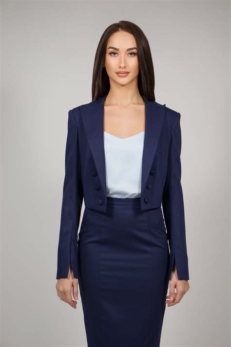 navy blue skirt and blazer.